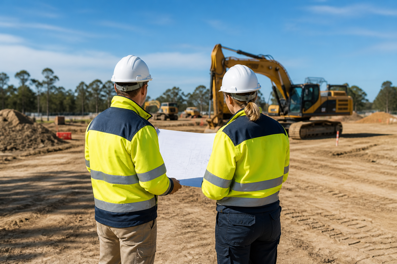 Safety professionals reviewing plans at a civil construction site